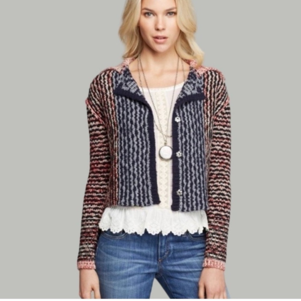 Free People Open Back Mixed Knit Wool Sweater Cardigan, M Boho Indie Cottagecore